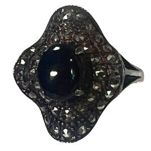 Vtg Black Onyx Marcasite Statement Ring 925 Thailand Silver Size 6.75 Wavy .75"